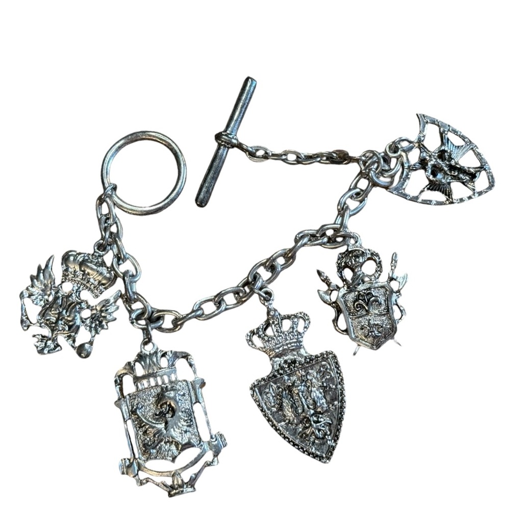 Silver Charm Bracelet Crest Pendants Vintage Lion Shield Crown Medallions
